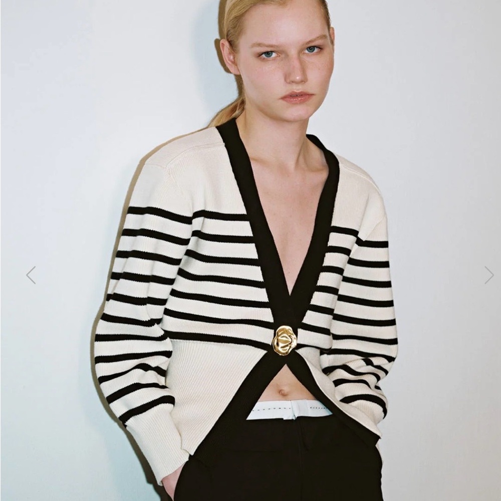 Elegant Black and White Striped Women's Cardigan